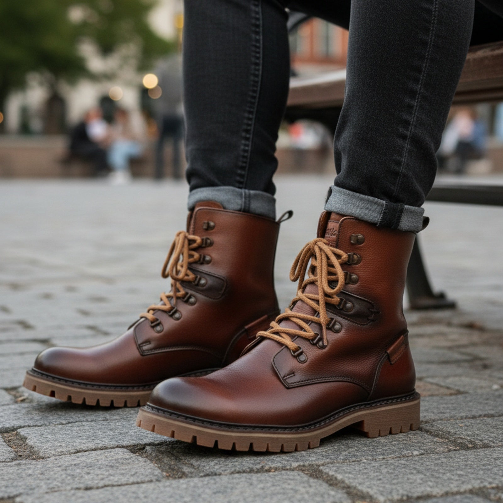 model-sitting-bench - Men's High Ankle Lace-Up Leather Boots