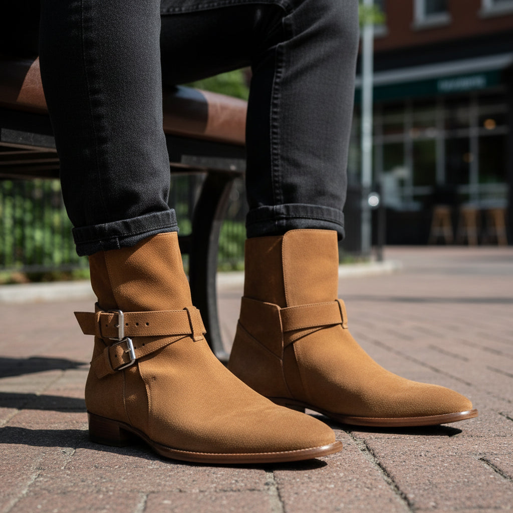 model-sitting-bench - Men's High Ankle Suede Biker Boots