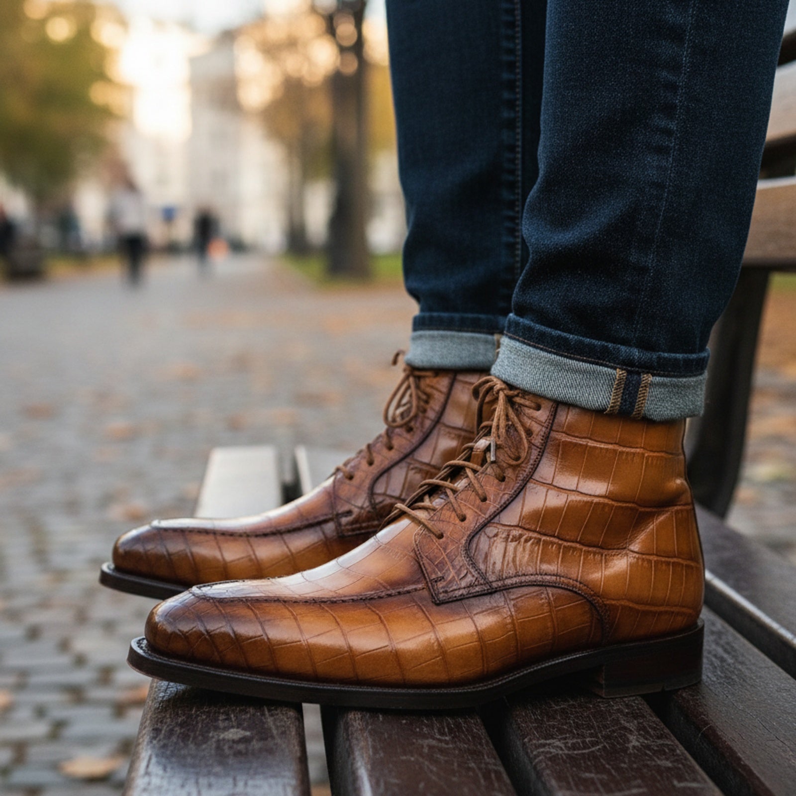 Men's Tan Brown Crocodile Leather Ankle Boots - model-sitting-bench