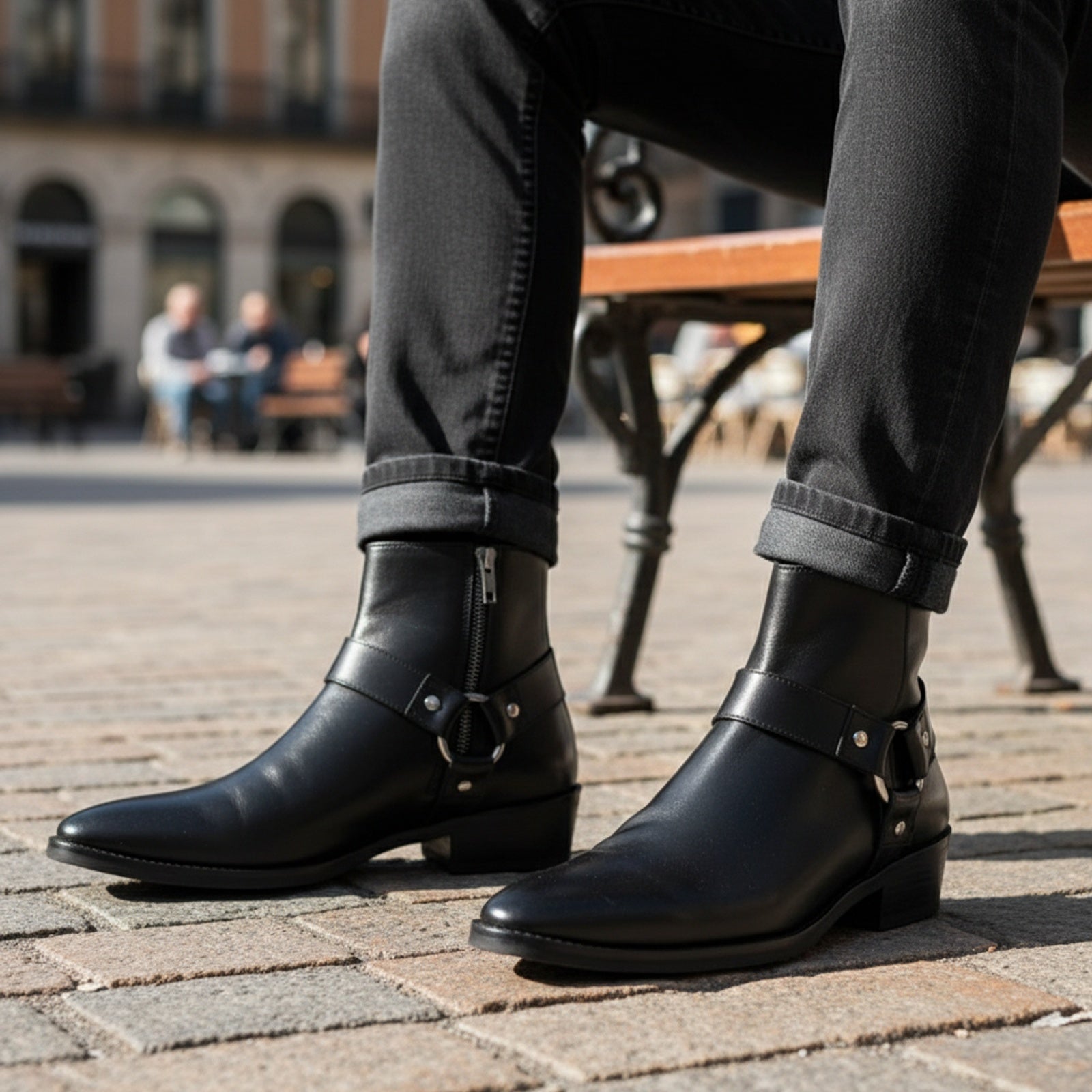 Men's Leather Ankle Boots with Fashion Zipper - model-sitting-bench