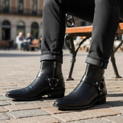 Men's Leather Ankle Boots with Fashion Zipper - model-sitting-bench
