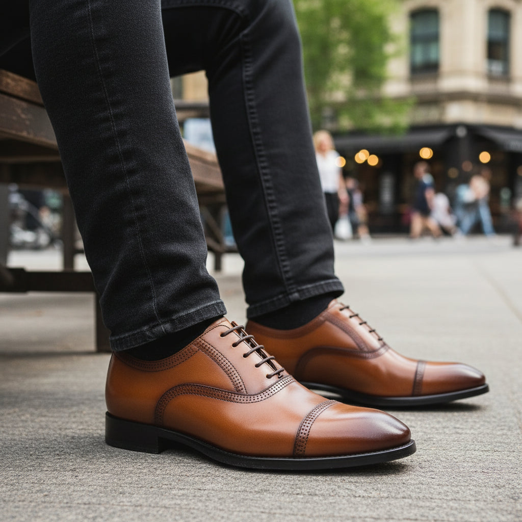 Men's Black Leather Oxford Dress Shoes - model-sitting-bench