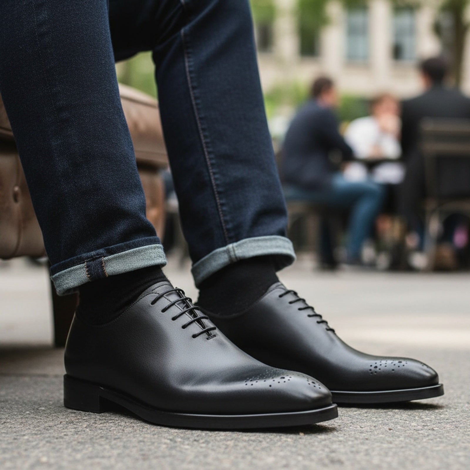 Men's Black Leather Brogue Oxford Shoes - model-sitting-bench