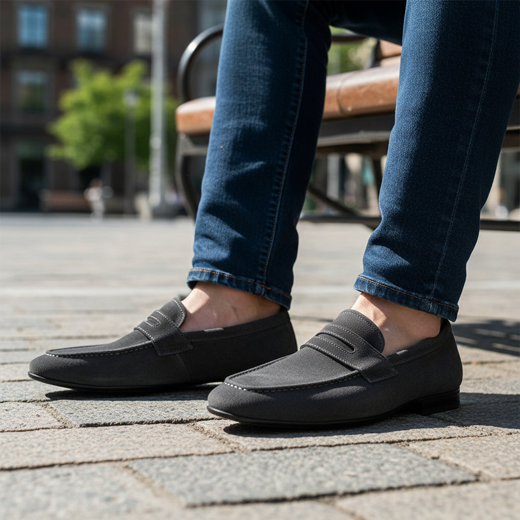 model-sitting-bench - Men's Leather & Suede Moccasin Loafers