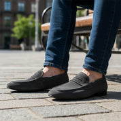 model-sitting-bench - Men's Leather & Suede Moccasin Loafers