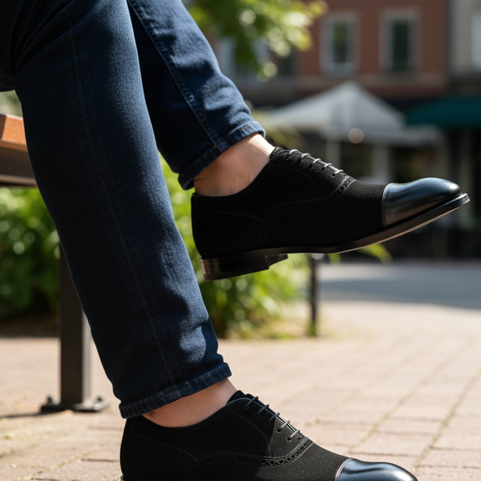 model-sitting-bench - Men's Leather & Suede Oxford Shoes
