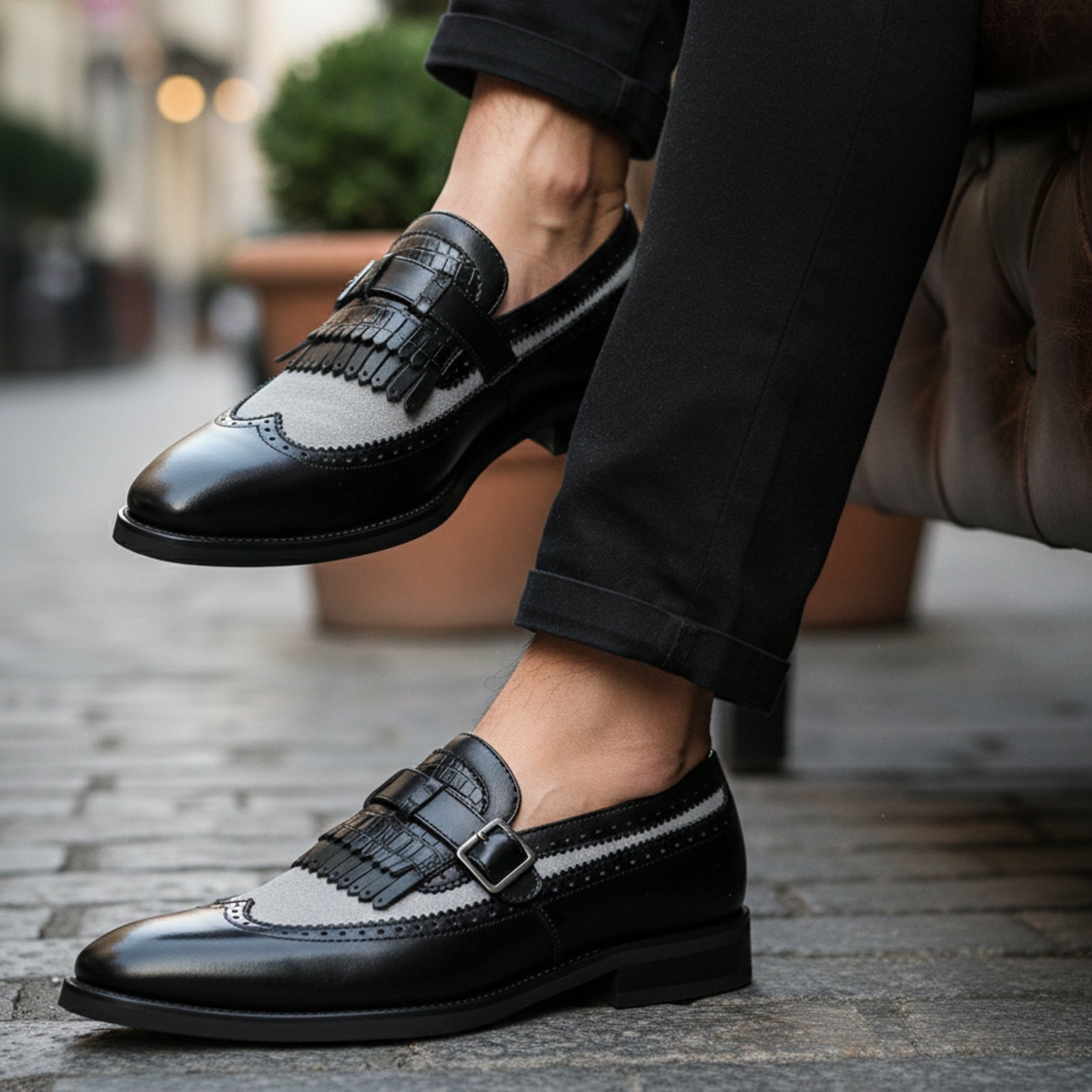 Men's Leather & Suede Spectator Wingtip Dress Shoes - model-sitting-bench