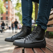 model-sitting-bench - Men's Leather Trail Running Sneakers