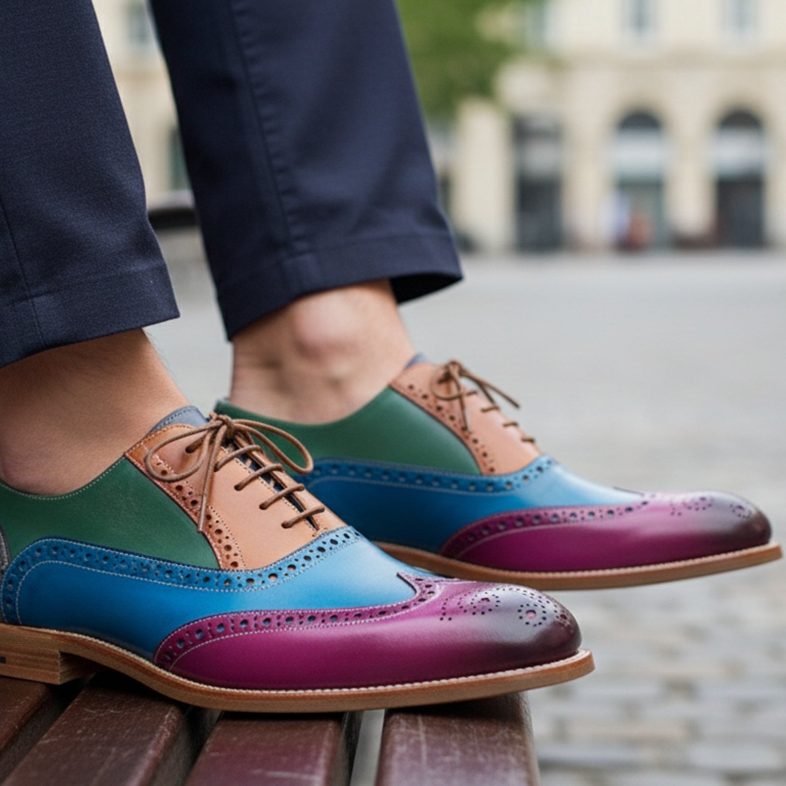 Men's Leather Wingtip Brogue Shoes - model-sitting-bench