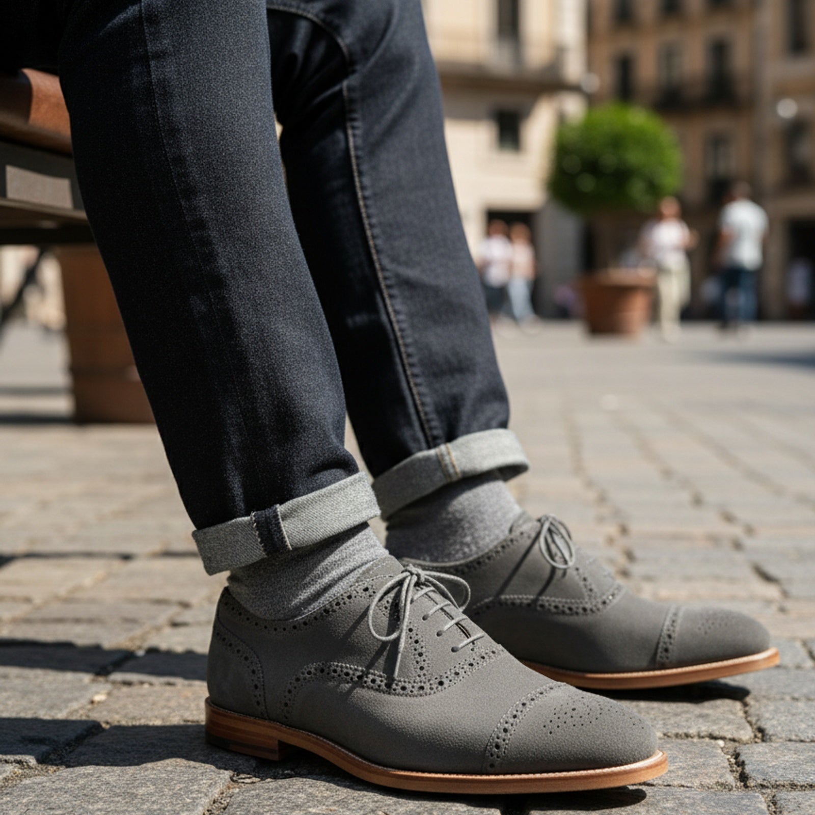Men's Light Gray Suede Brogue Dress Shoes - model-sitting-bench