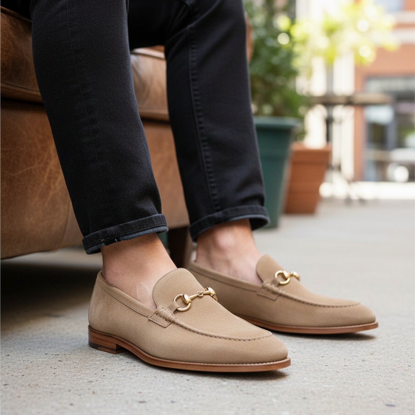model-sitting-bench - Men's Light Gray Suede Moccasin Shoes