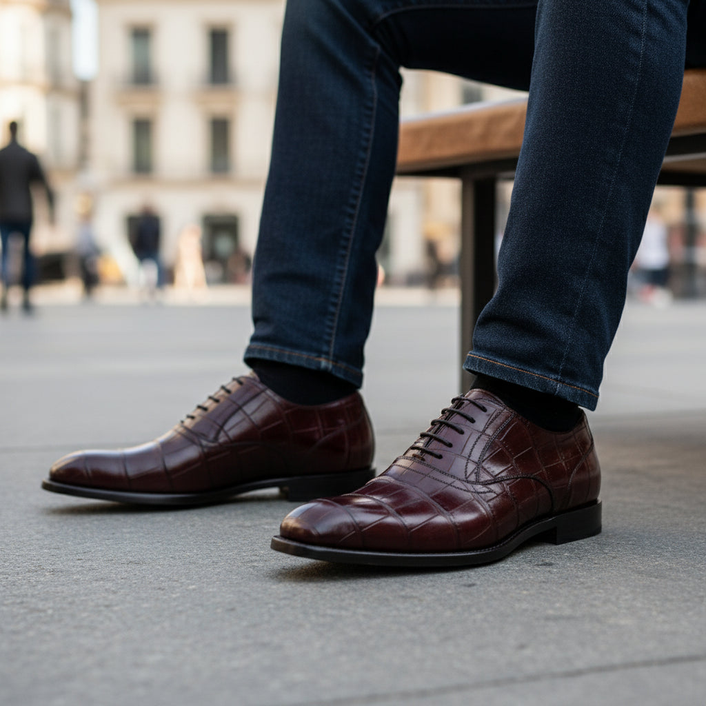 model-sitting-bench - Men's Maroon Leather Dress Shoes