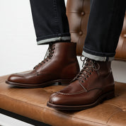 model-sitting-bench - Men's Maroon Leather Lace-Up Ankle Dress Boots