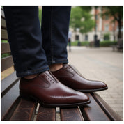 Men's Maroon Leather Oxford Dress Shoes - model-sitting-bench