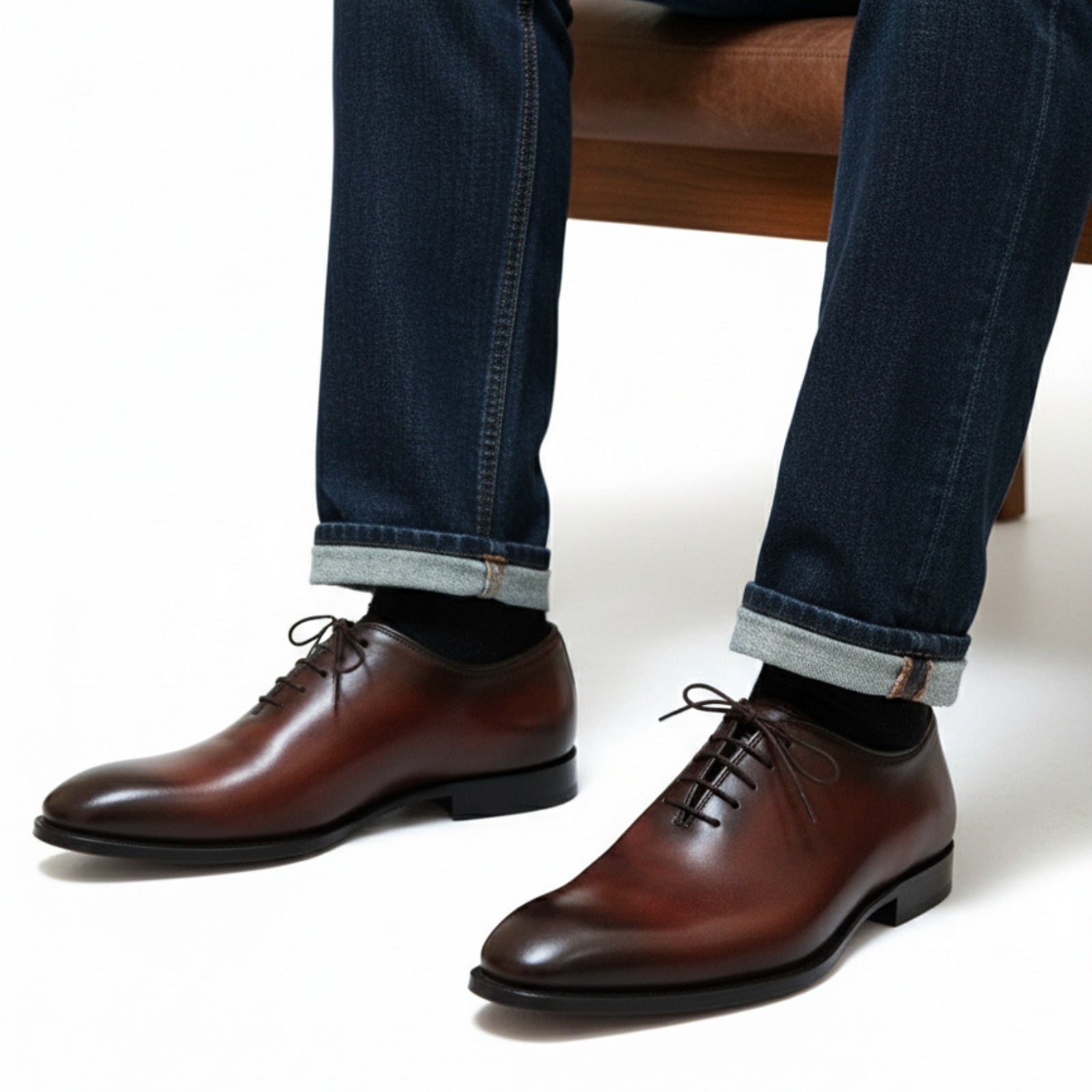 Men's Maroon Leather Oxfords Dress Shoes - model-sitting-bench