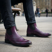model-sitting-bench - Men's Maroon Leather Wingtip Brogue Ankle Boots