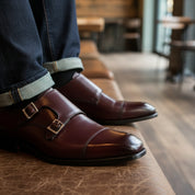 model-sitting-bench - Men's Maroon Monk Strap Leather Shoes