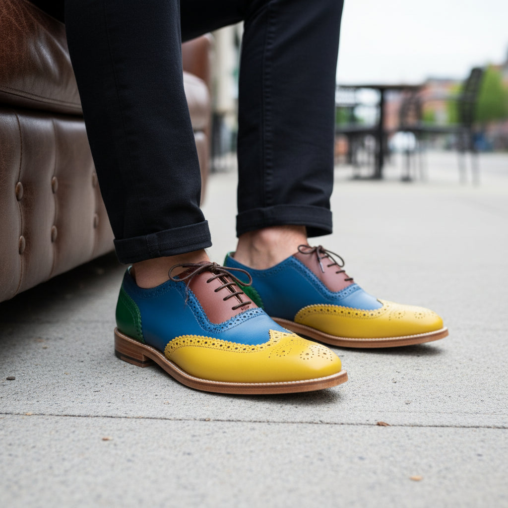 model-sitting-bench - Men's Multi Color Leather Brogue Shoes with Lace-Up Closure