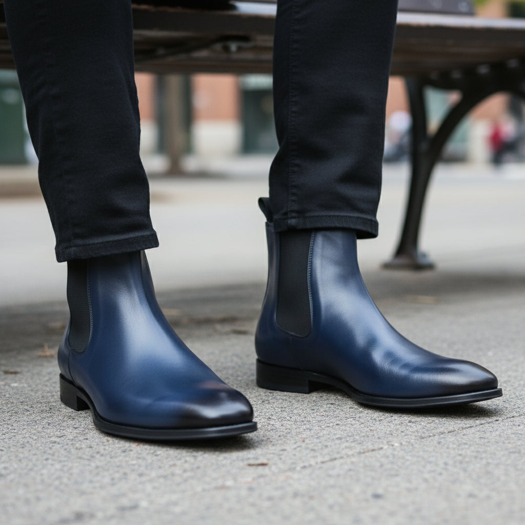 Men's Navy Blue Leather Ankle Chelsea Boots - model-sitting-bench