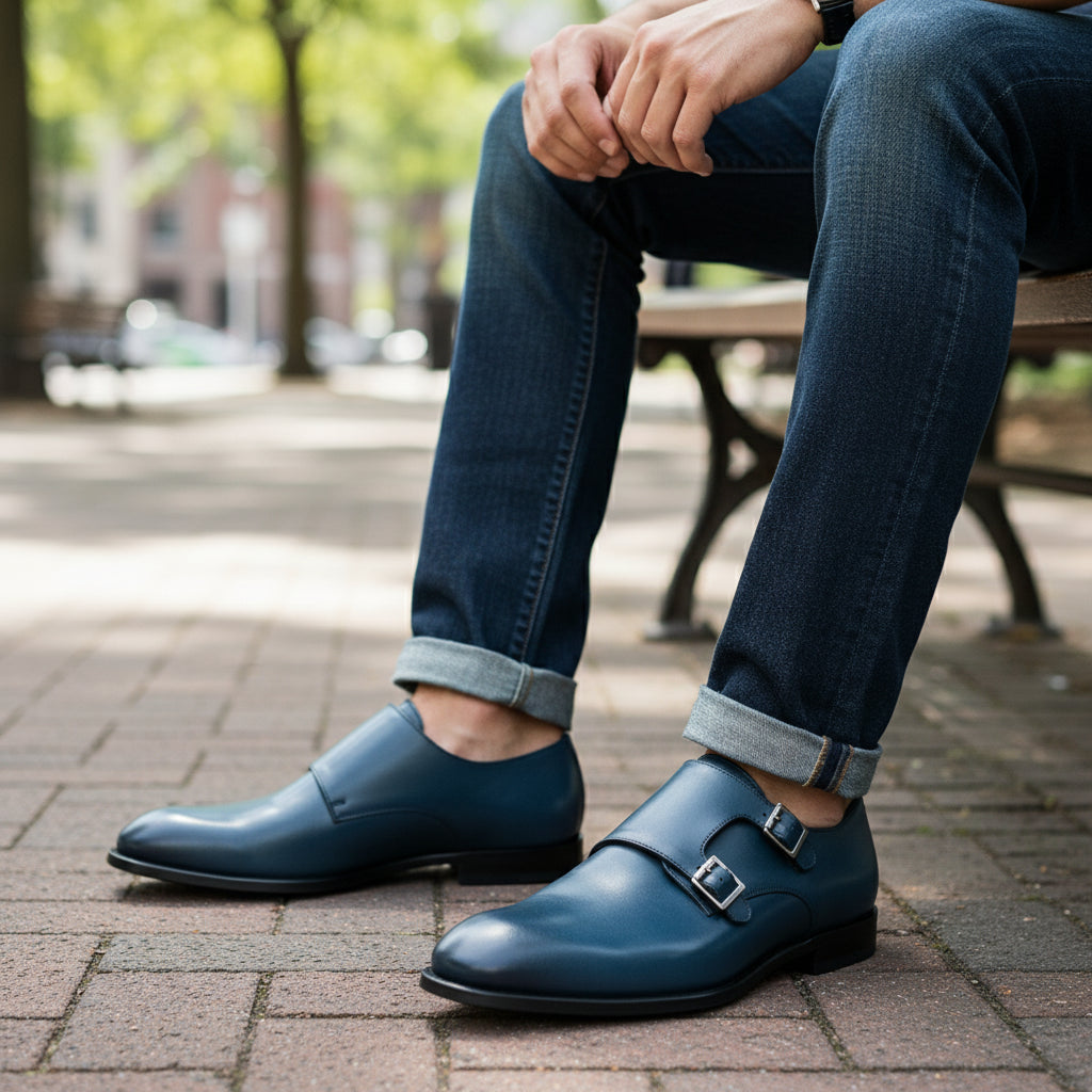 Men's Navy Blue Leather Monk Dress Shoes - model-sitting-bench