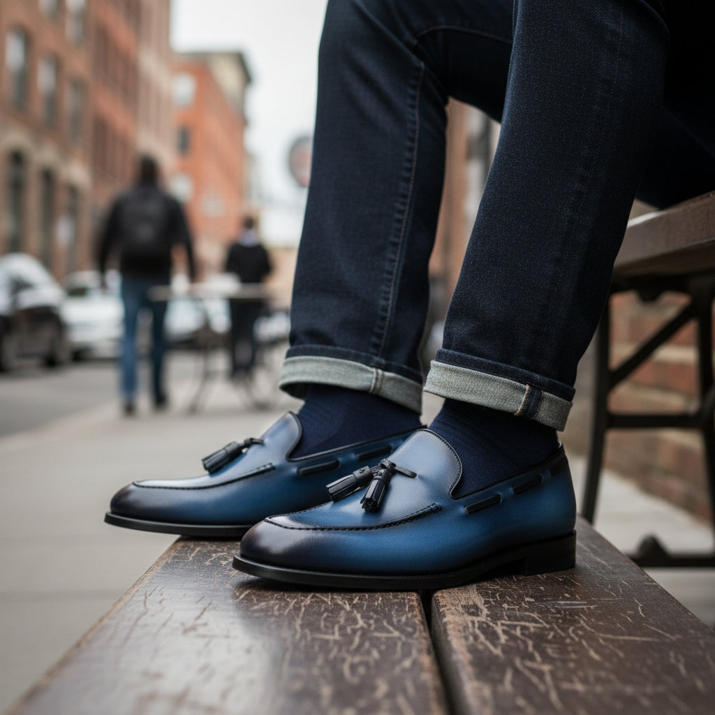 model-sitting-bench - Men's Navy Blue Leather Tassel Loafers