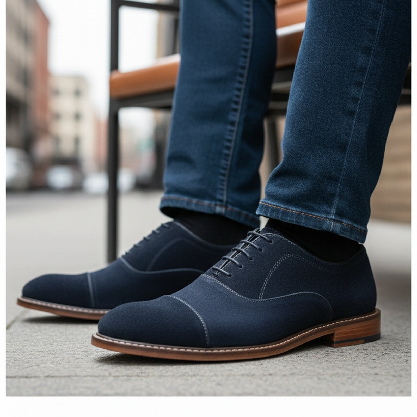 model-sitting-bench - Men's Navy Blue Suede Oxfords