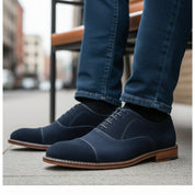 model-sitting-bench - Men's Navy Blue Suede Oxfords