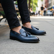 Men's Navy Blue Tassel Moccasins Leather Dress Shoes - model-sitting-bench