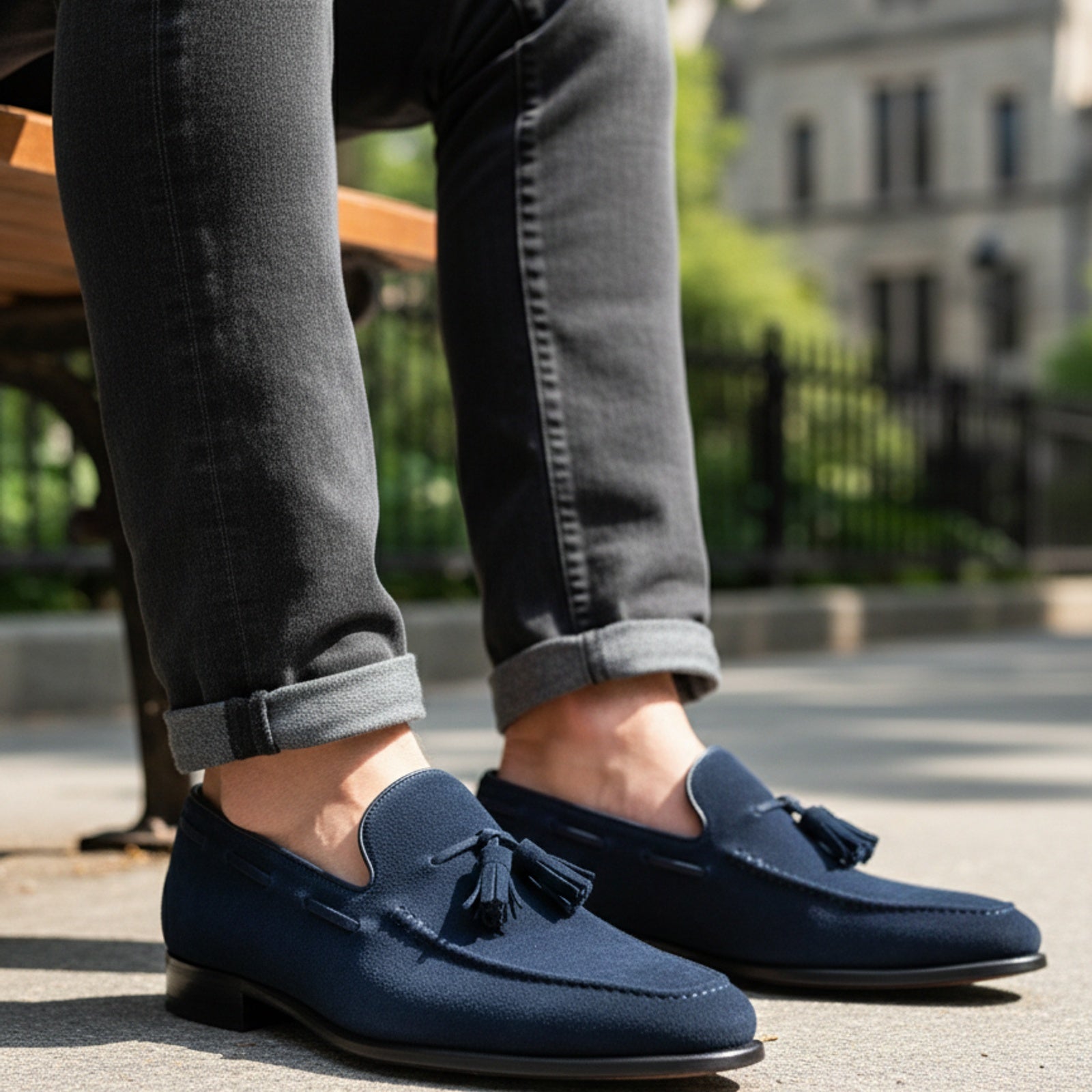 model-sitting-bench - Men's Navy Suede Tassel Loafers