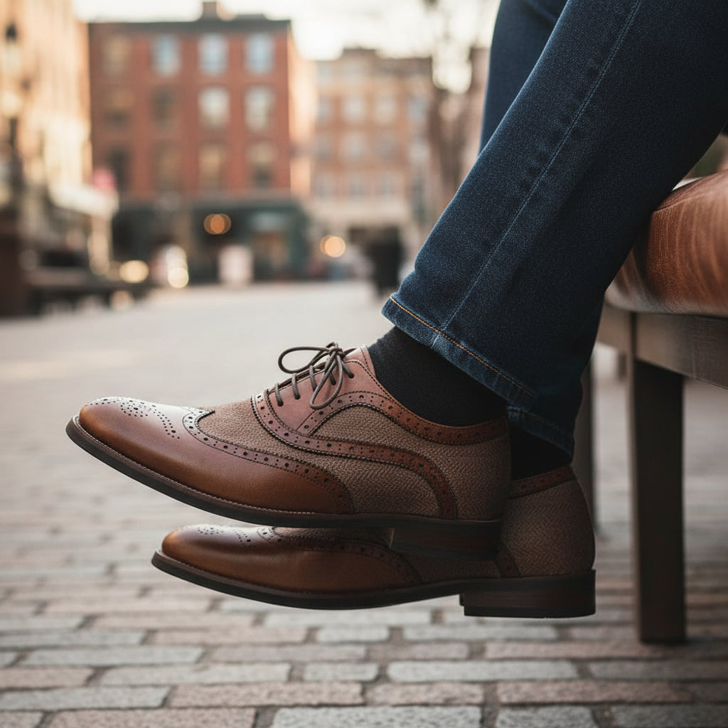 model-sitting-bench - Men's Navy Suede Wingtip Oxford Shoes