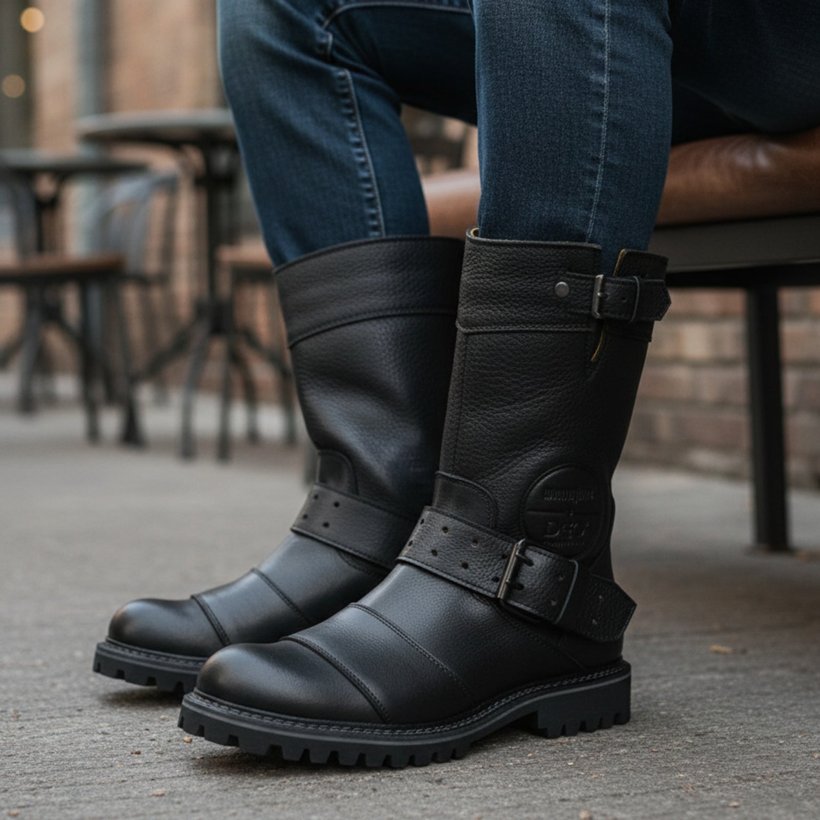 model-sitting-bench - Men's Oiled Leather Waterproof Zip-Up Boots