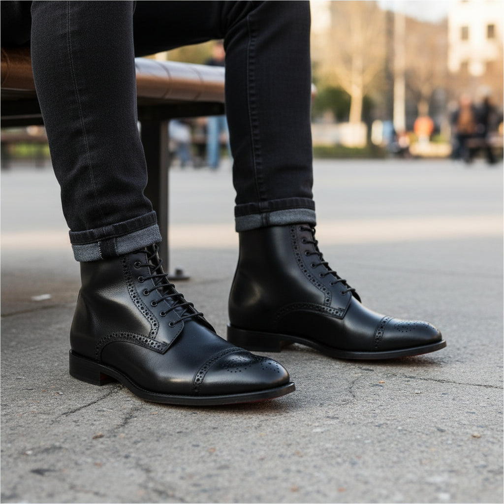 Men's Oxford Ankle Boots in Brogue Leather - model-sitting-bench