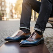 Men's Oxford Patina Leather Dress Shoes - model-sitting-bench