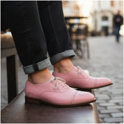 model-sitting-bench - Men's Pink Leather Oxford Shoes
