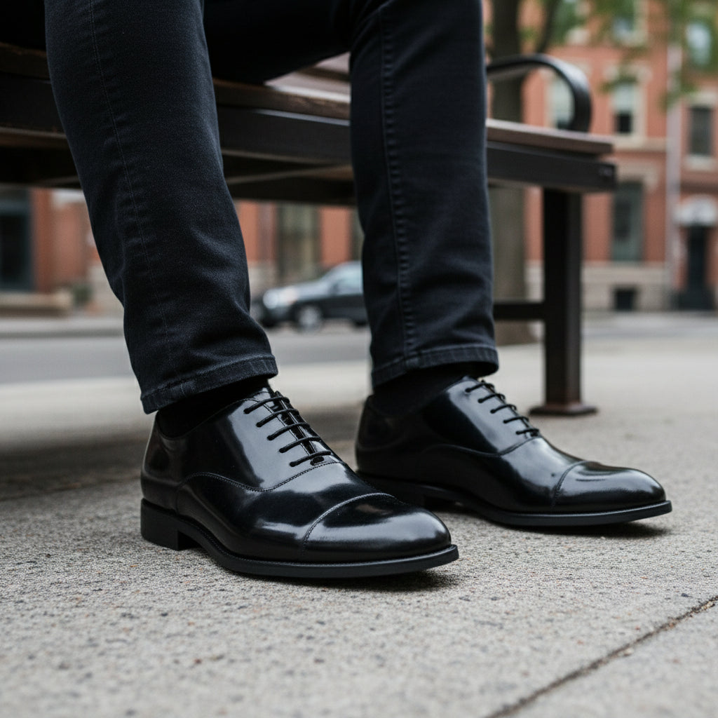 model-sitting-bench - Men's Polished Cow Leather Oxford Dress Shoes