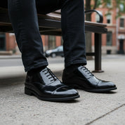 model-sitting-bench - Men's Polished Cow Leather Oxford Dress Shoes