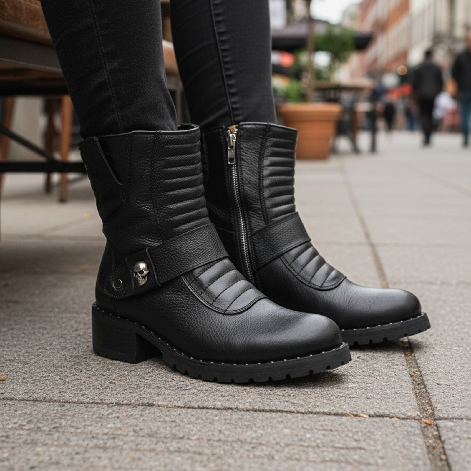 model-sitting-bench - Men's Protective Leather Motorcycle Boots
