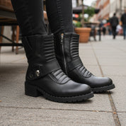 model-sitting-bench - Men's Protective Leather Motorcycle Boots