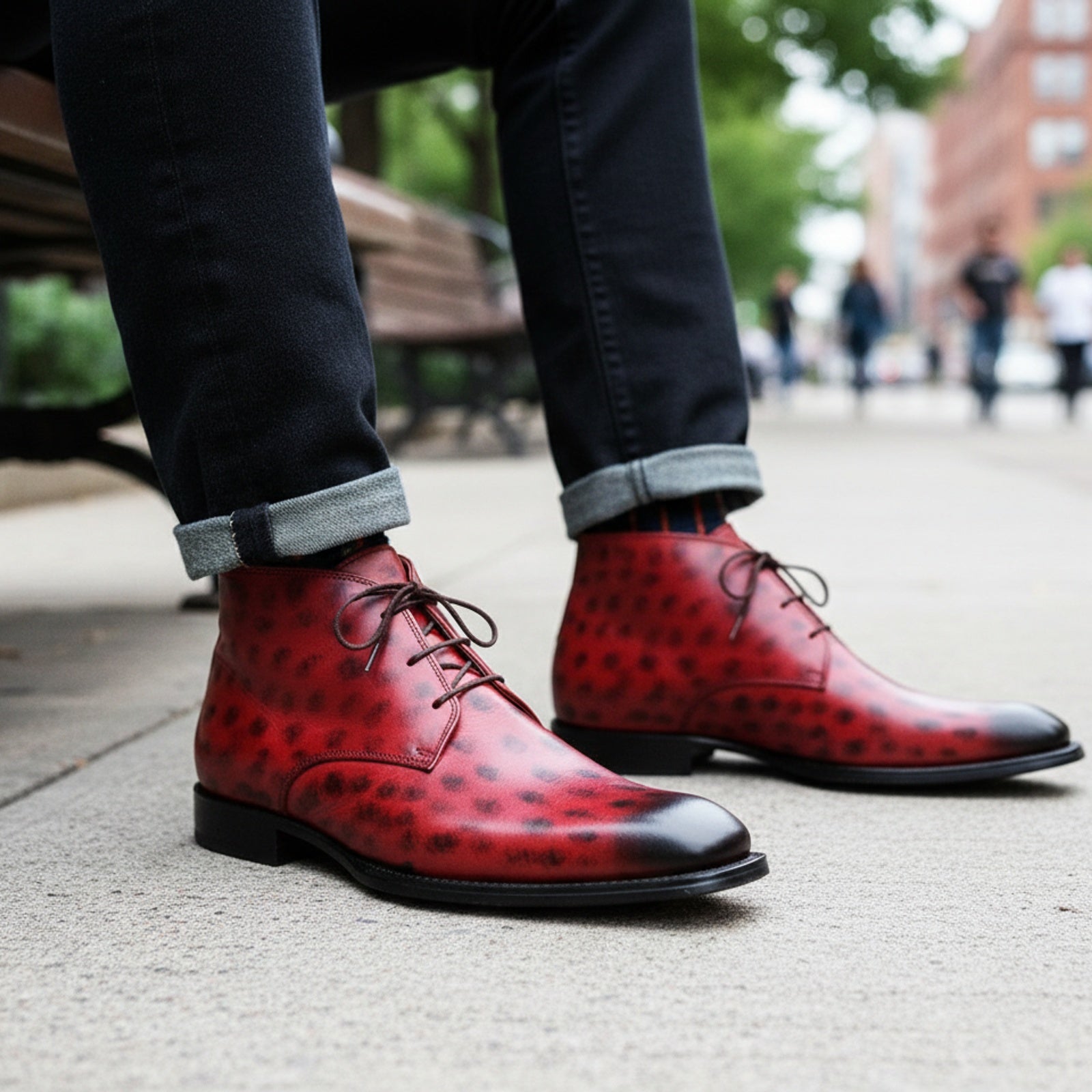 Men's Red Leather Chukka Boots, Casual Ankle Boots - model-sitting-bench