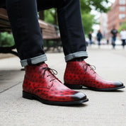 Men's Red Leather Chukka Boots, Casual Ankle Boots - model-sitting-bench