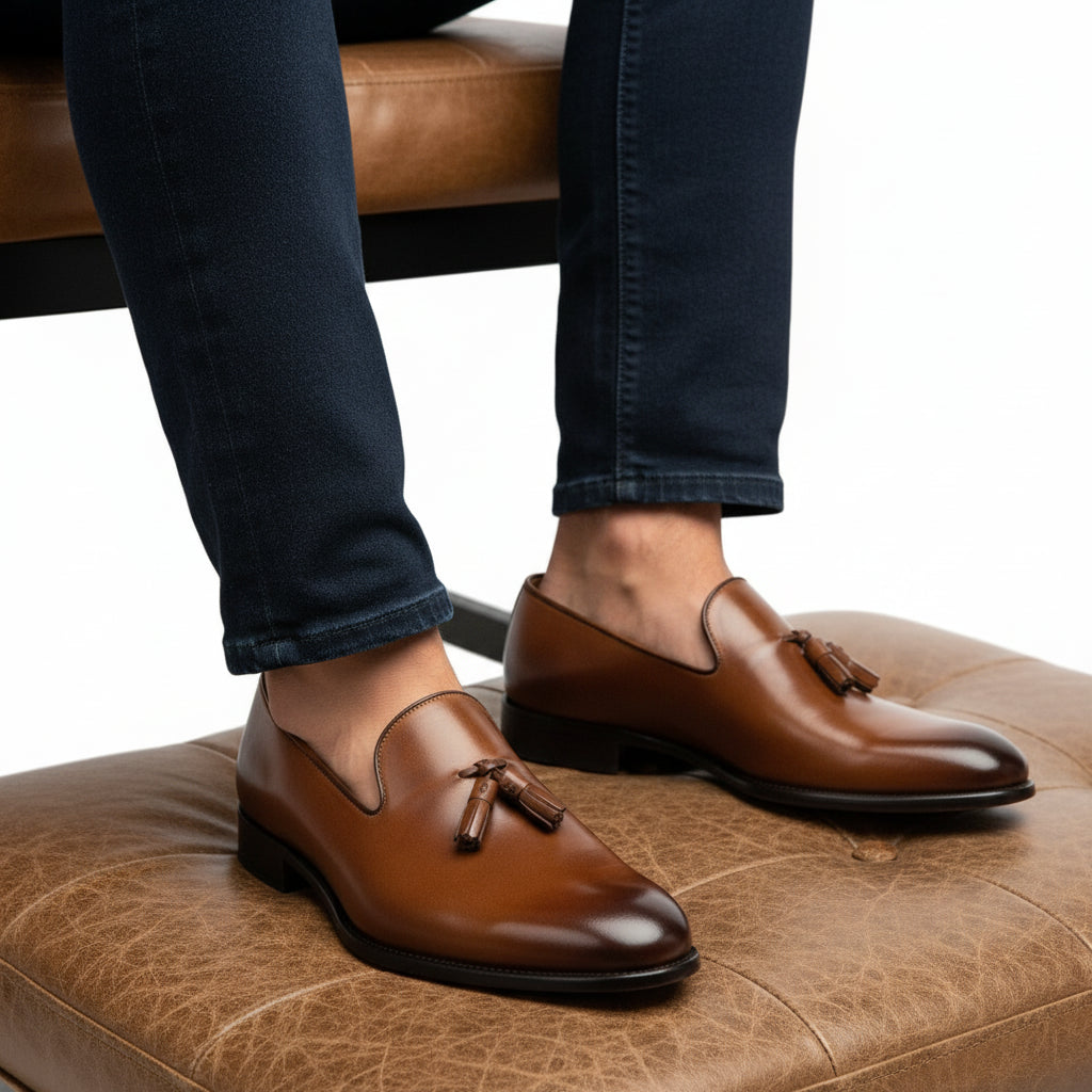 model-sitting-bench - Men's Rich Brown Tassel Loafer Leather Shoes