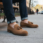 model-sitting-bench - Men's Suede Cow Leather Brogue Slip-on Shoes