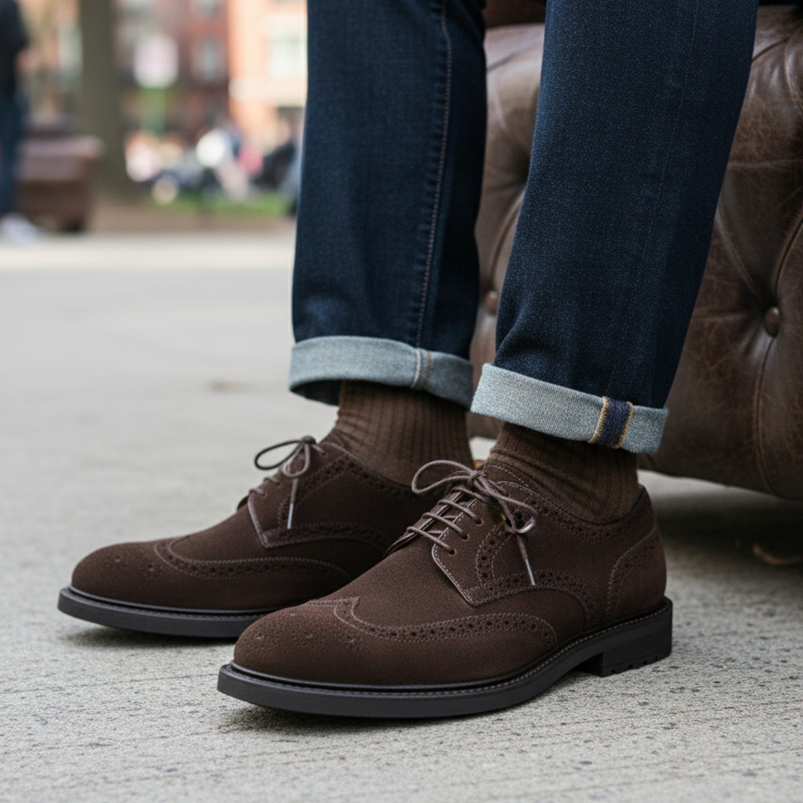 model-sitting-bench - Men's Suede Leather Brogue Dress Shoes