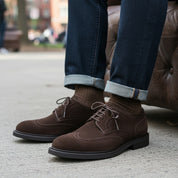 model-sitting-bench - Men's Suede Leather Brogue Dress Shoes