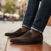 Men's Suede Slip-On Moccasins in Brown - model-sitting-bench