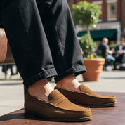 model-sitting-bench - Men's Suede Tassel Loafers