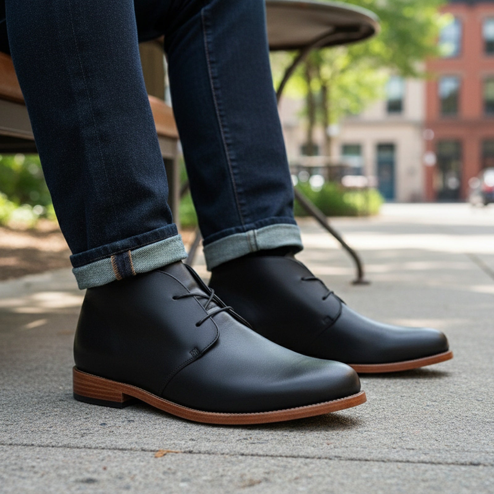 Men's Tan Black Leather Chukka Boots - model-sitting-bench