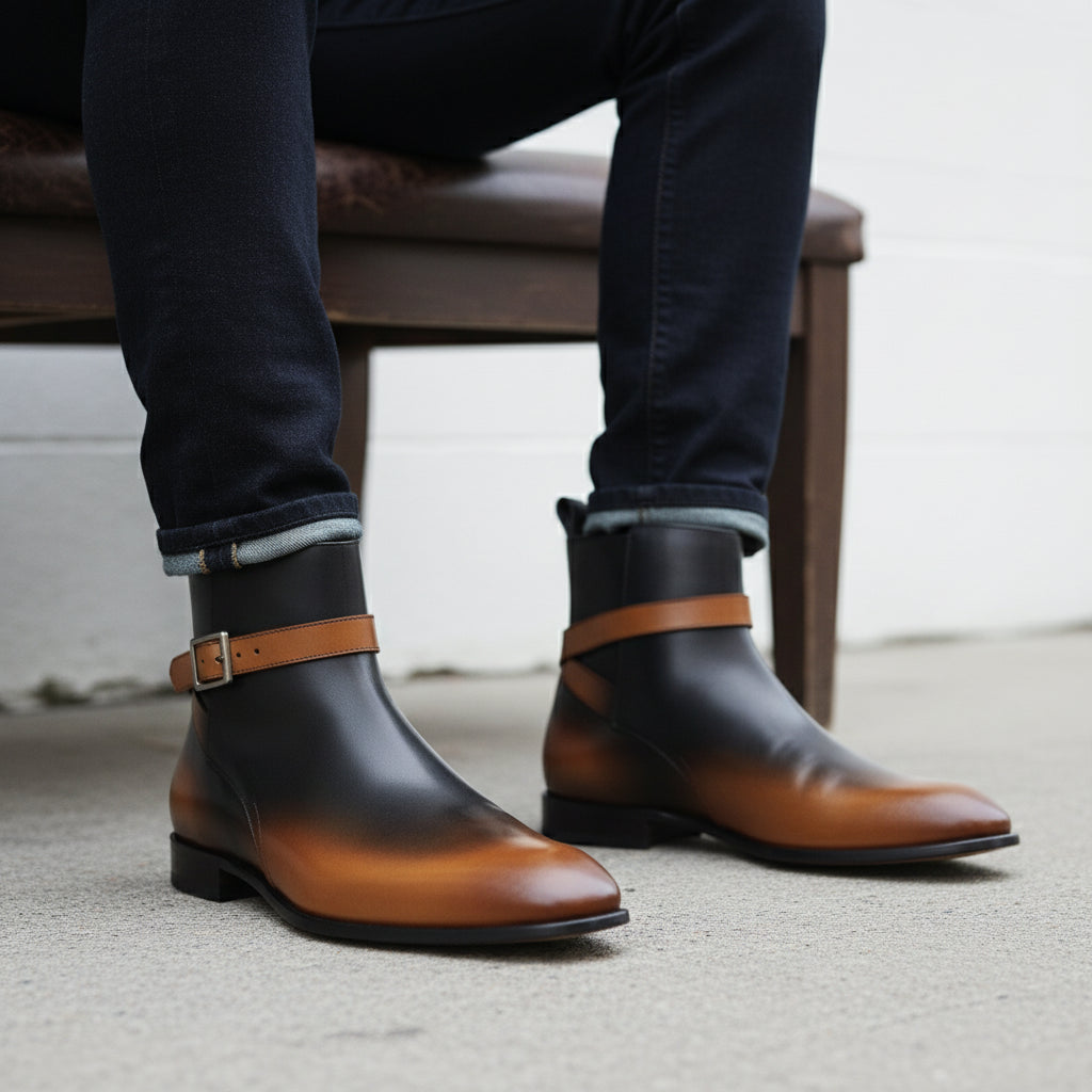 Men's Tan Black Leather Jodhpurs, Office Ankle Boots - model-sitting-bench