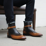 Men's Tan Black Leather Jodhpurs, Office Ankle Boots - model-sitting-bench