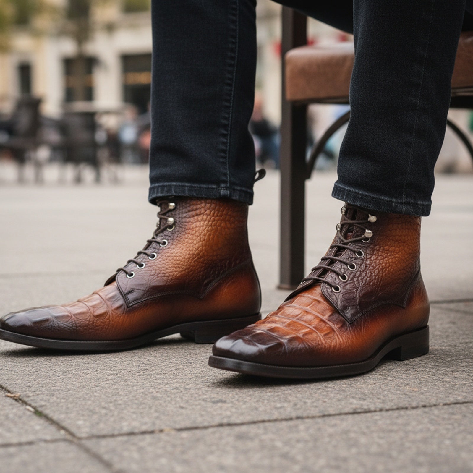 model-sitting-bench - Men's Tan Brown Leather Ankle Boots